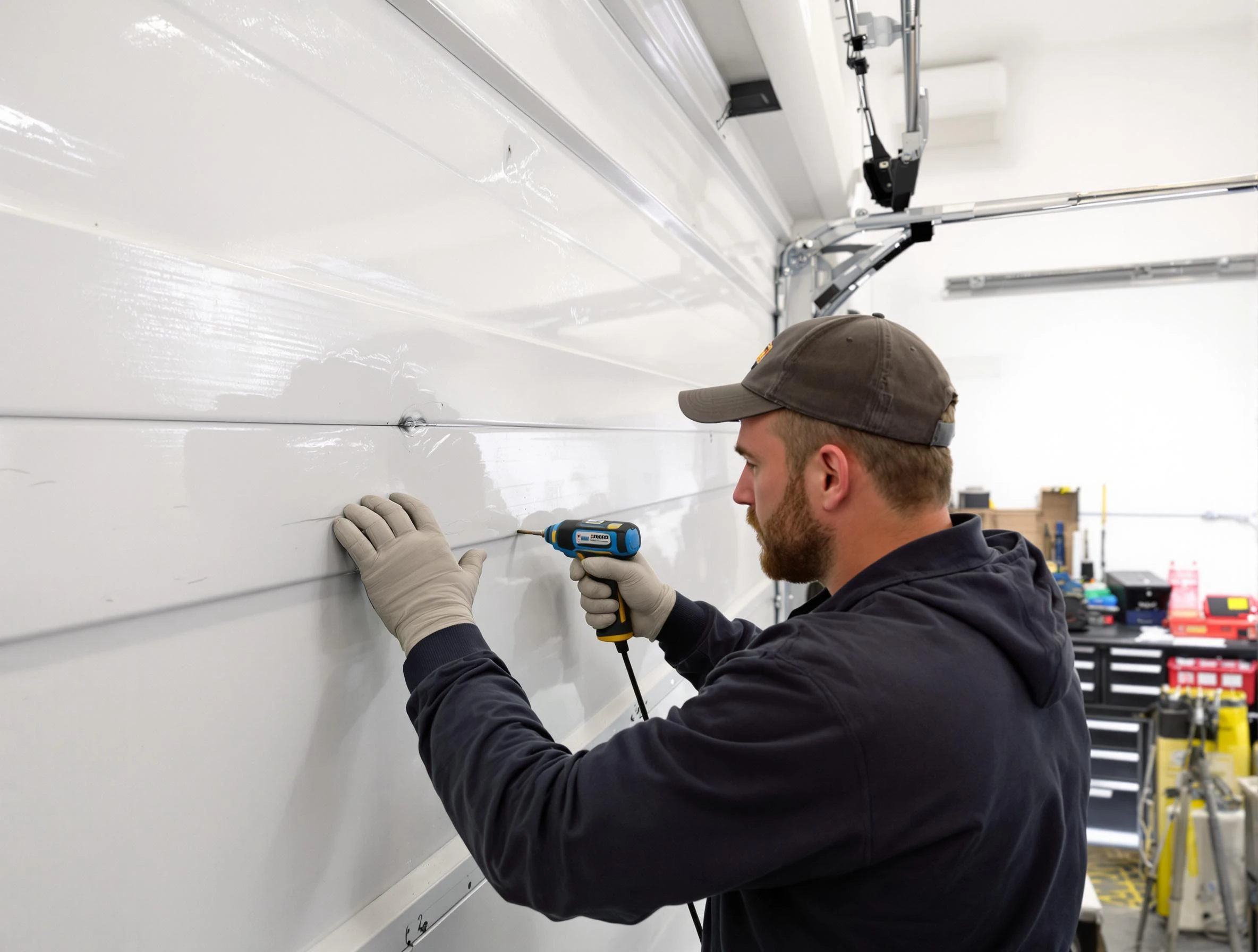 Monument Garage Door Repair technician demonstrating precision dent removal techniques on a Monument garage door